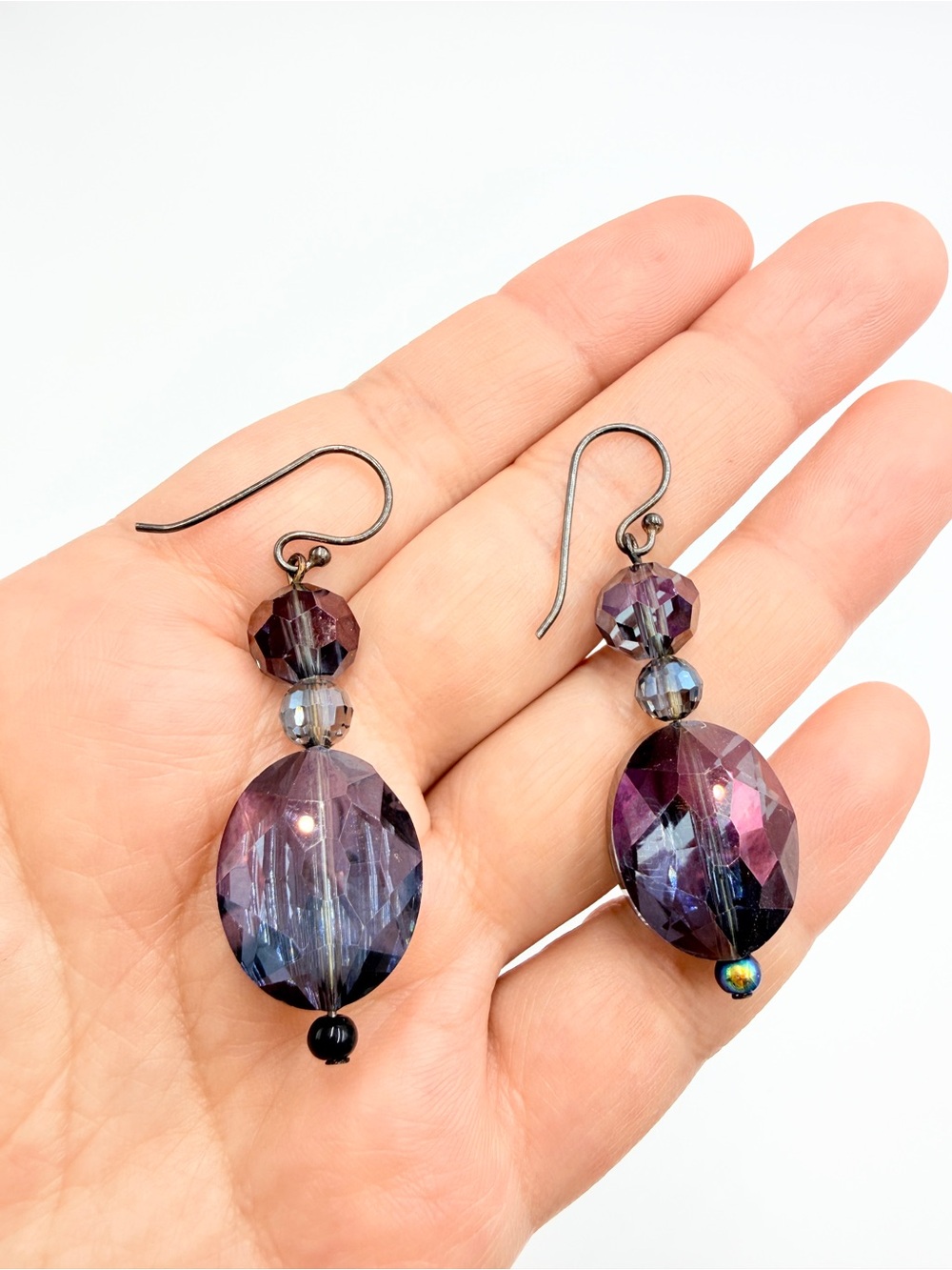 Vintage Iridescent Purple Faceted Glass Bead Dangle Earrings